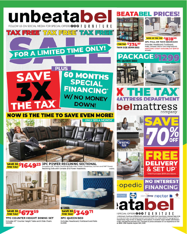 A promotional furniture sales flyer from unbeatel furniture, featuring multiple product photos, pricing, and marketing text such as 'Save 3X the tax,' '60 months special financing,' and 'Package $1299.'.