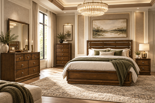 Dark Oak Brown 6-Piece Bedroom Set with Slat Headboard & 7-Drawer Dresser