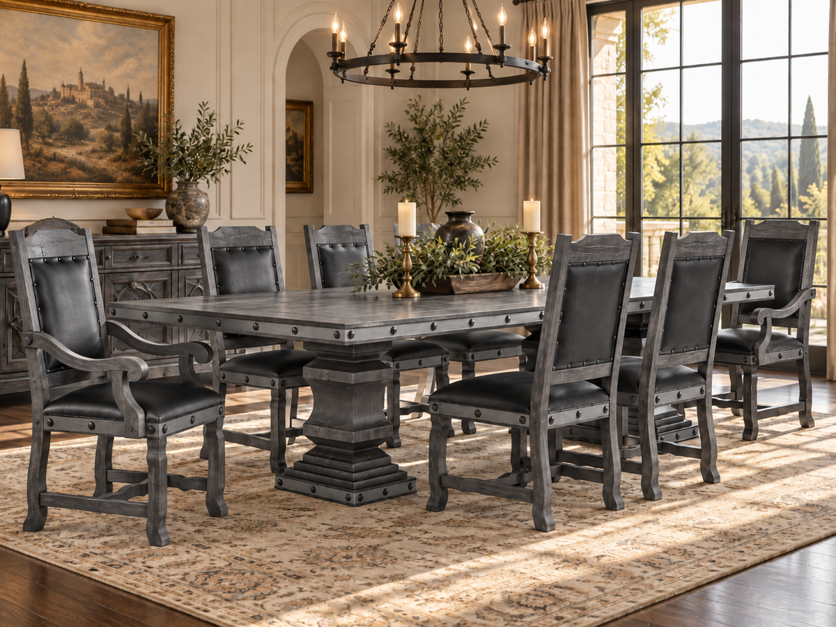 Rustic Weathered Gray 9-Piece Dining Room Set with 102-Inch Double-Pedestal Table & Nailhead-Trim Upholstered Chairs