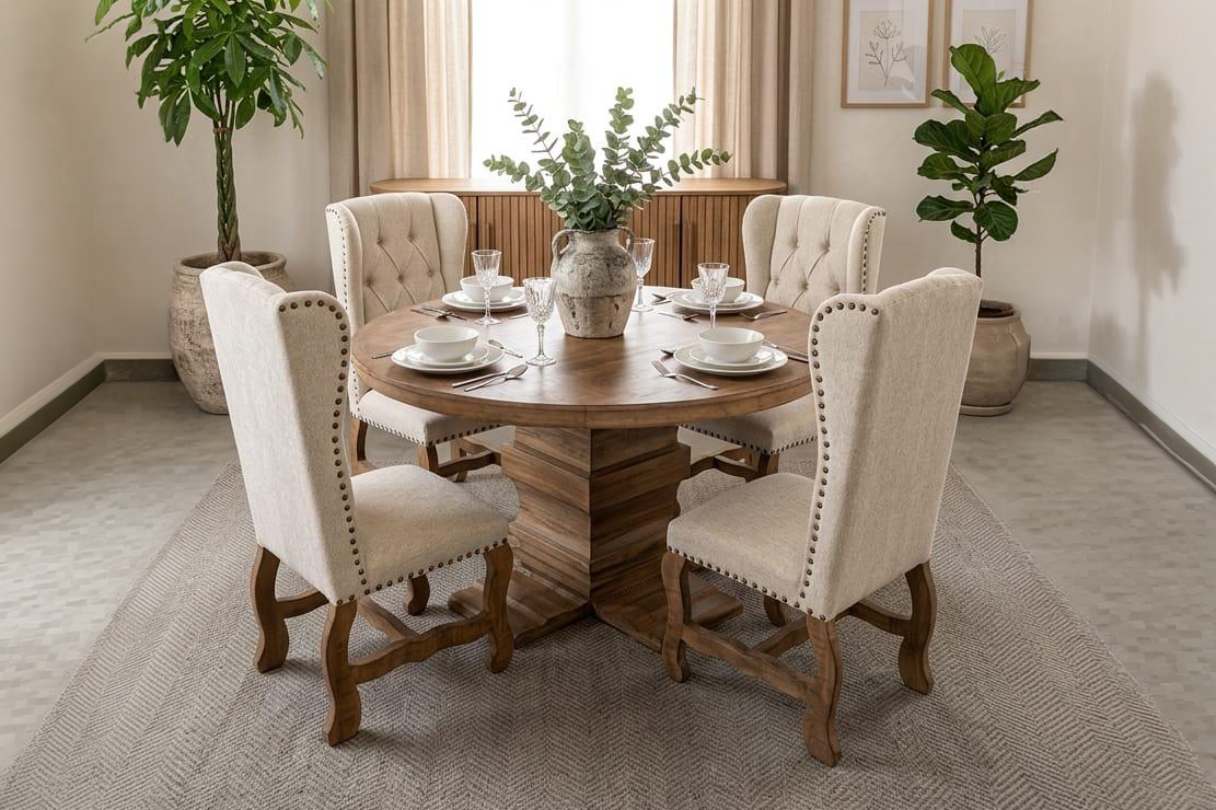 Traditional Rustic Natural Wood Round Dining Set with Beige Tufted Wingback Chairs, Nailhead Trim & Pedestal Table Design