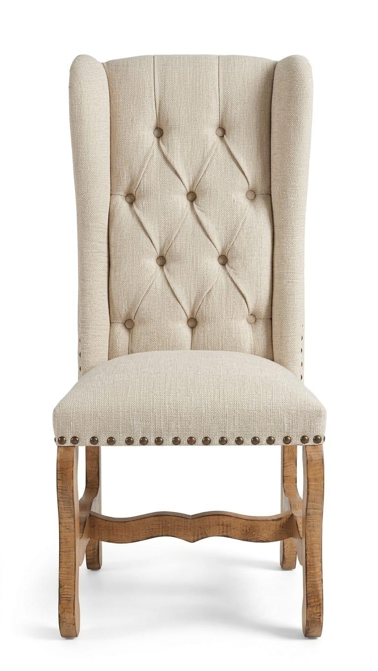 Traditional Rustic Natural Wood Round Dining Set with Beige Tufted Wingback Chairs, Nailhead Trim & Pedestal Table Design