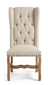 Traditional Rustic Natural Wood Round Dining Set with Beige Tufted Wingback Chairs, Nailhead Trim & Pedestal Table Design