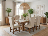 Traditional Rustic Solid Wood 7 Piece Dining Room Set with Beige Tufted Upholstered Chairs, Nailhead Trim & Pedestal Table Design