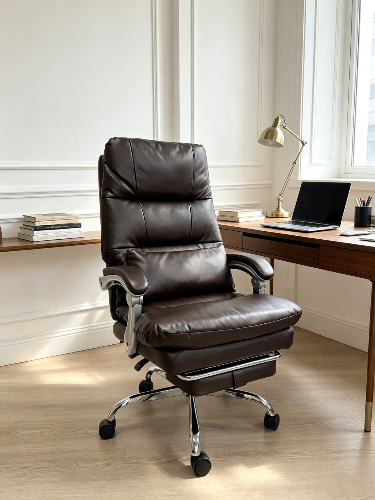 Sterling Brown Reclining Executive Office Chair with Footrest & Chrome Base
