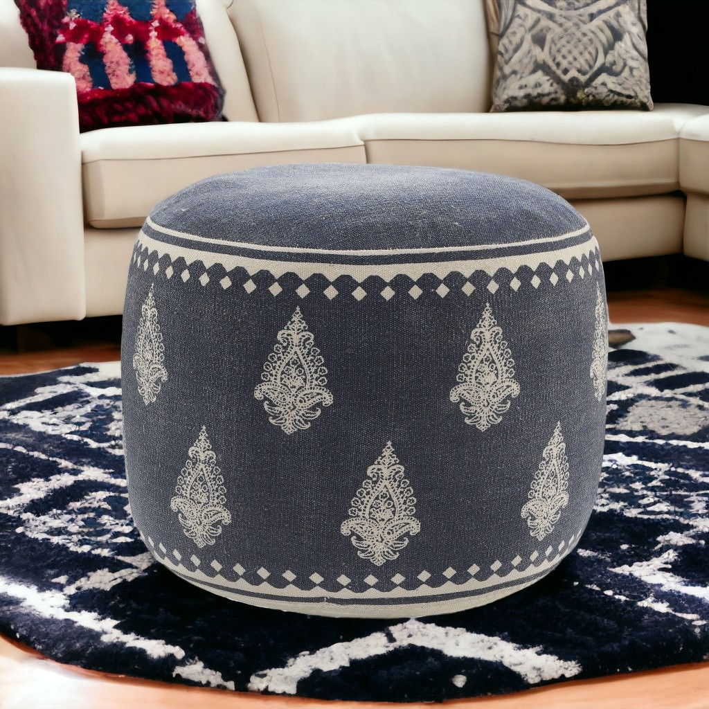 Round Ottoman Cotton - Blue