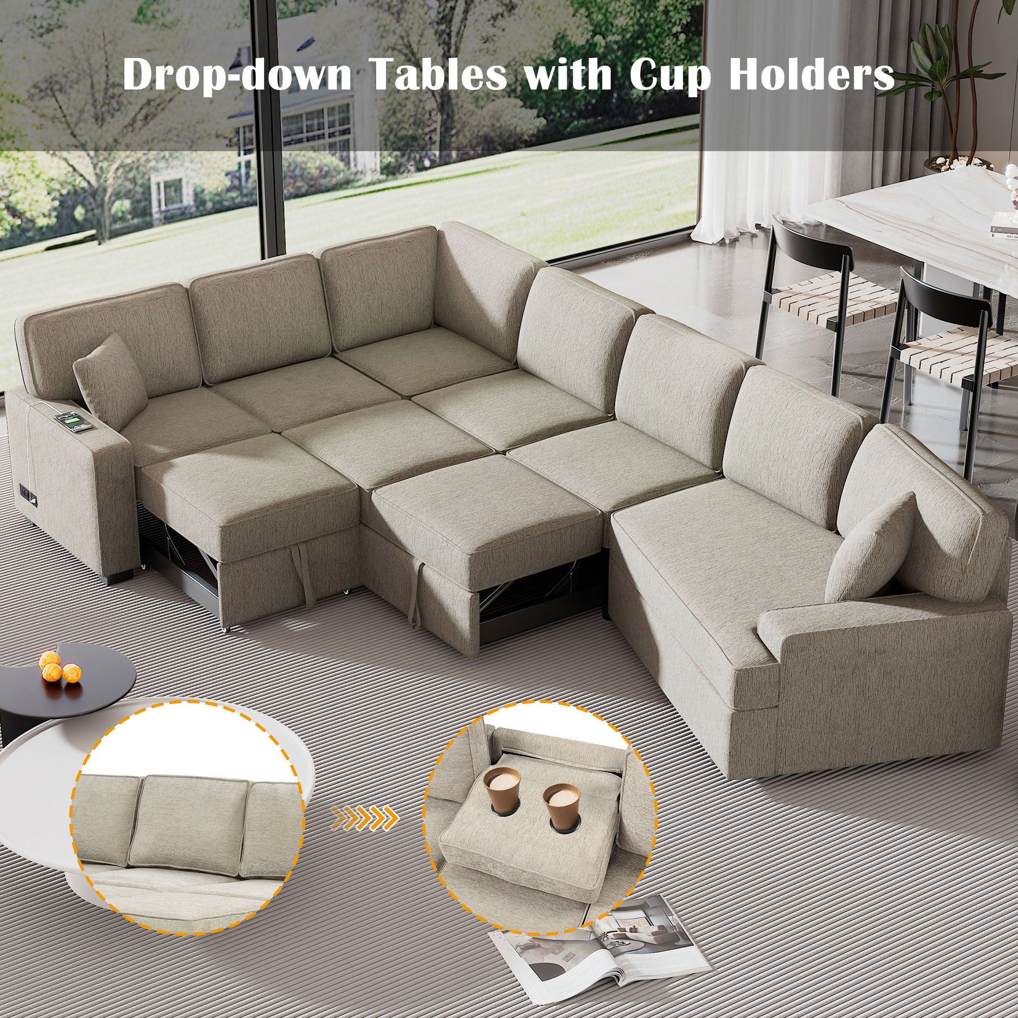 L-Shaped Sofa Sectional Sofa Couch Pull-Out Sofa Bed With Charging Devices And Cup Holders For Living Room