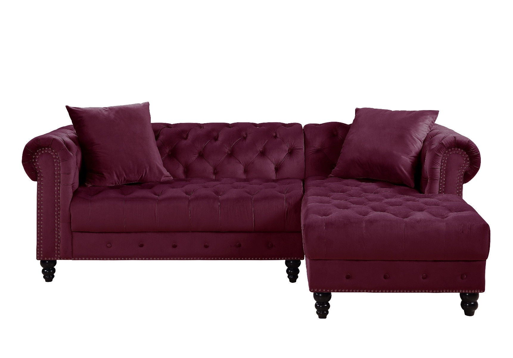 Velvet L Shaped Sofa And Chaise Sectional And Toss Pillows - Red