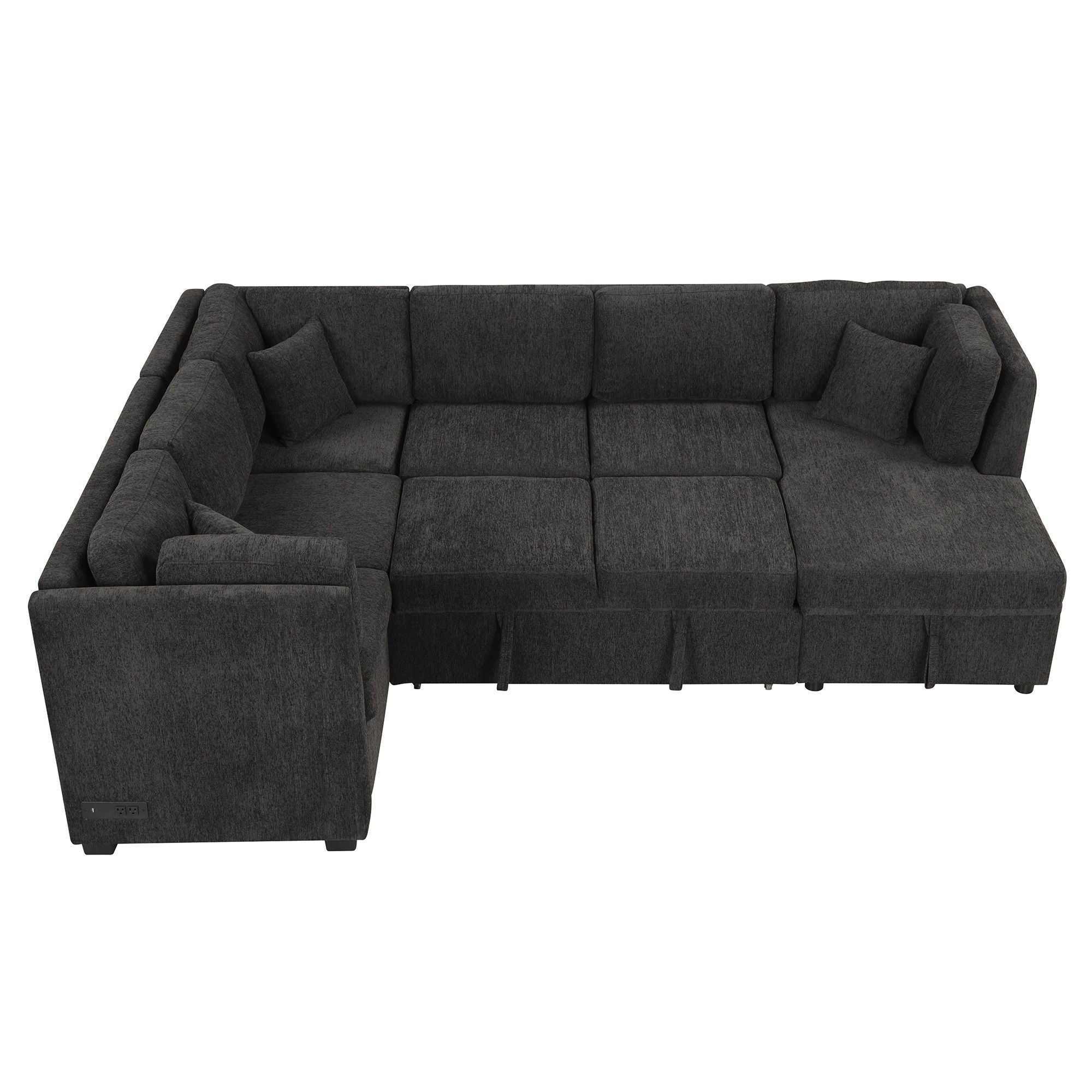 U-Shaped Sectional Sofa Pull Out Sofa Bed With Two USB Ports, Two Power Sockets, Three Back Pillows And A Storage Chaise For Living Room