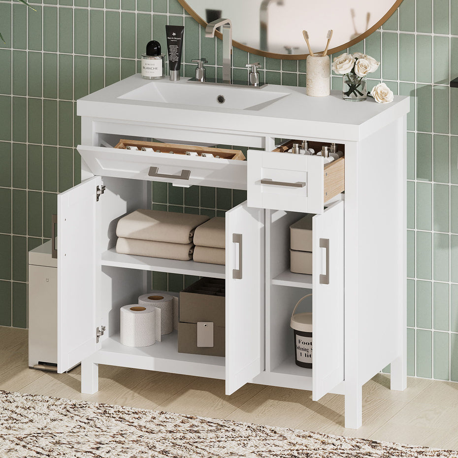 Bathroom Vanity Cabinet With Resin Integrated Sink - 2 Drawers, 3 Doors