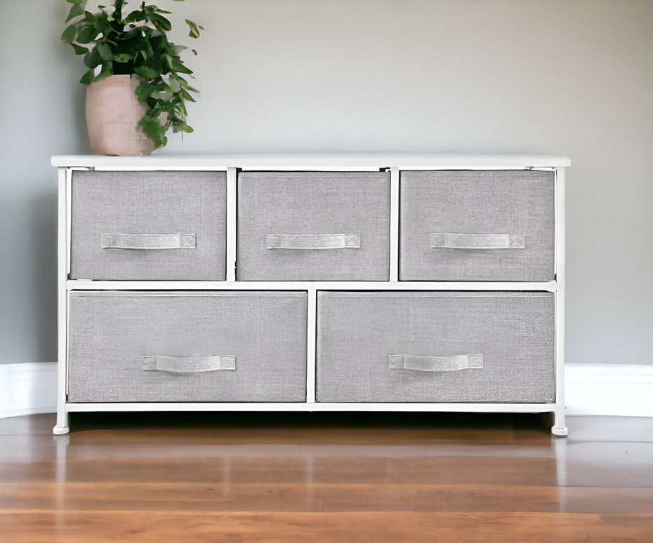 Fabric Five Drawer Dresser - Gray / White