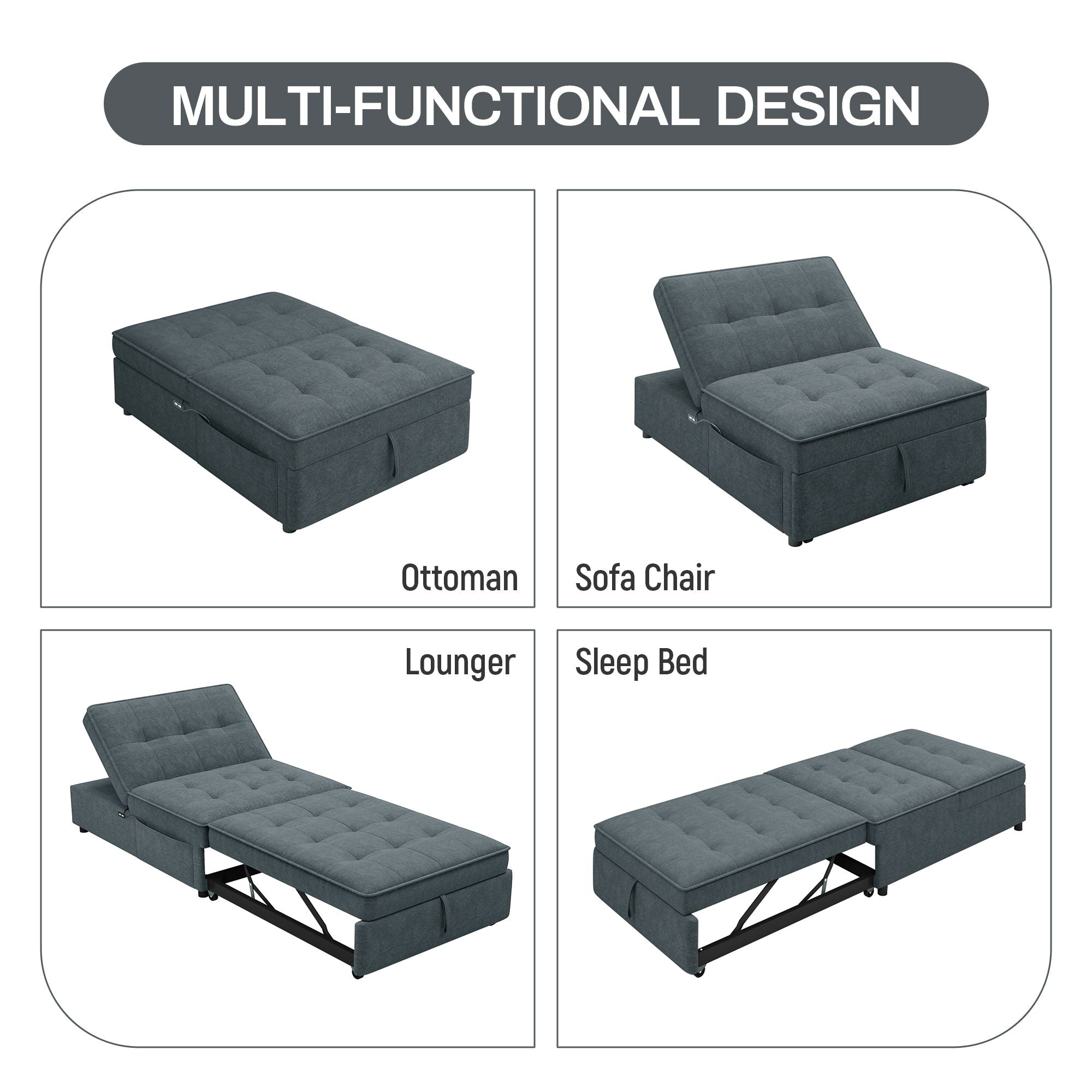 4 In 1 Sofa Bed, Chair Bed, Multi-Function Folding Ottoman Bed With Storage Pocket And USB Port For Small Room Apartment, Living Room, Bedroom, Hallway