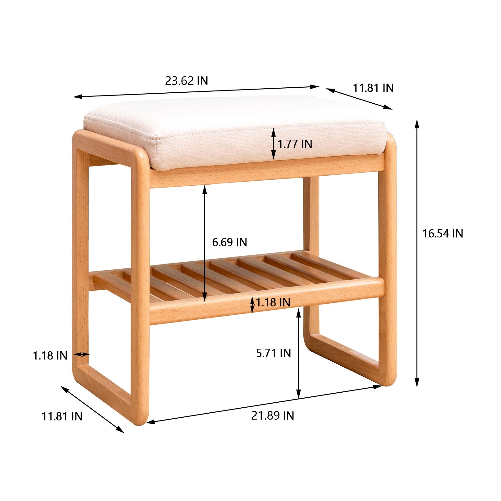 Shoe Bench, Beech Wood Storage Rack Organizer With High Rebound Sponge Cushion - Natural