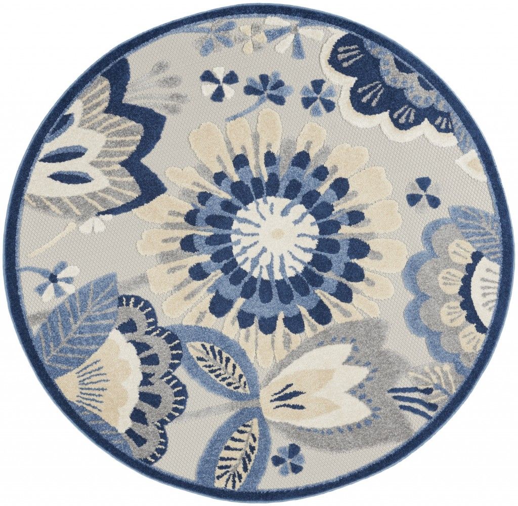 5' Round Round Floral Outdoor / Indoor Area Rug - Blue / Gray