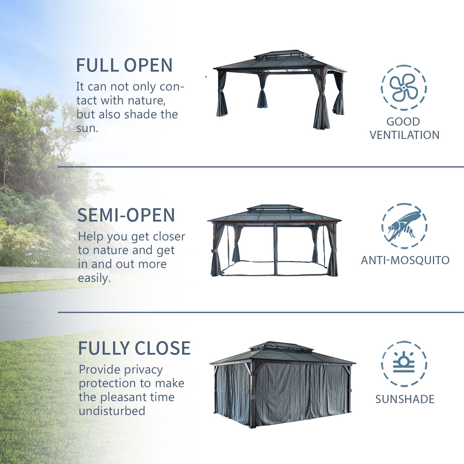 Hardtop Gazebo For Patios, Outdoor Framed Gazebo With Polycarbonate Double Roof Canopy, Solid Framed Gazebo With Privacy Curtains And Mosquito Nettings For Garden, Backyard