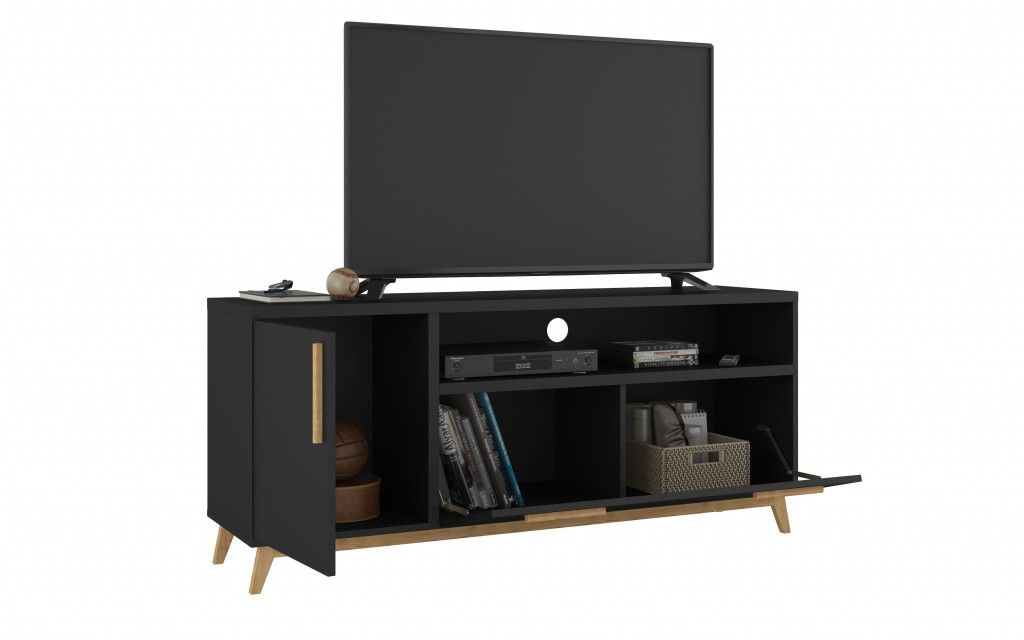 Modern Long Door TV Stand - Black / Natural