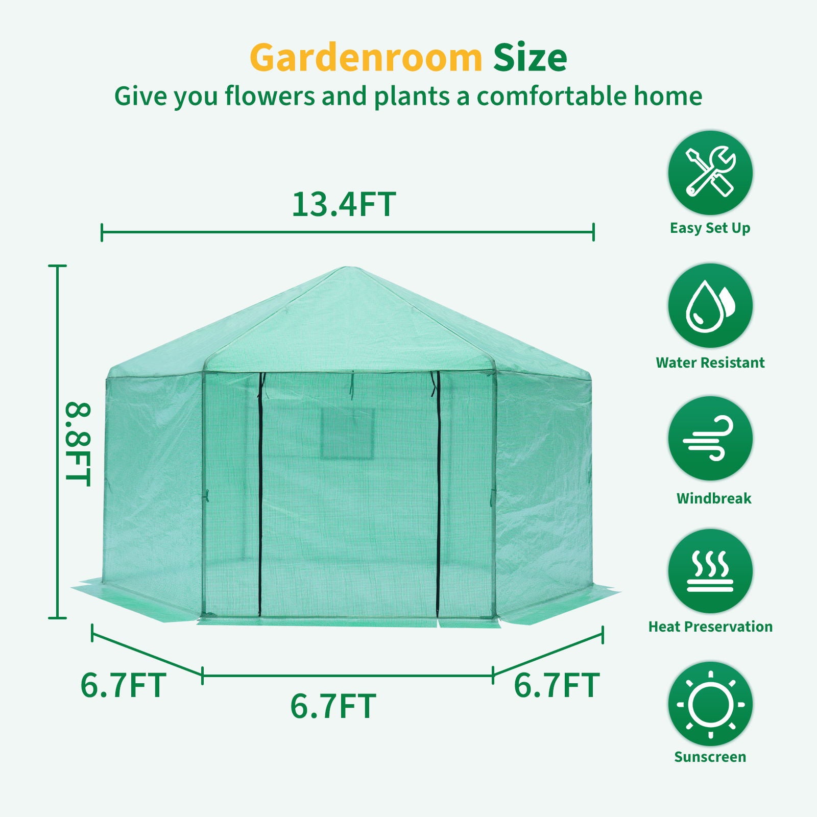 Walk-in Greenhouse Hexagonal Upgrade Reinforced Frame Heavy Duty Plastic Greenhouse Reinforced Thickened Waterproof Insulation (13.1*8.6 ft) - Green