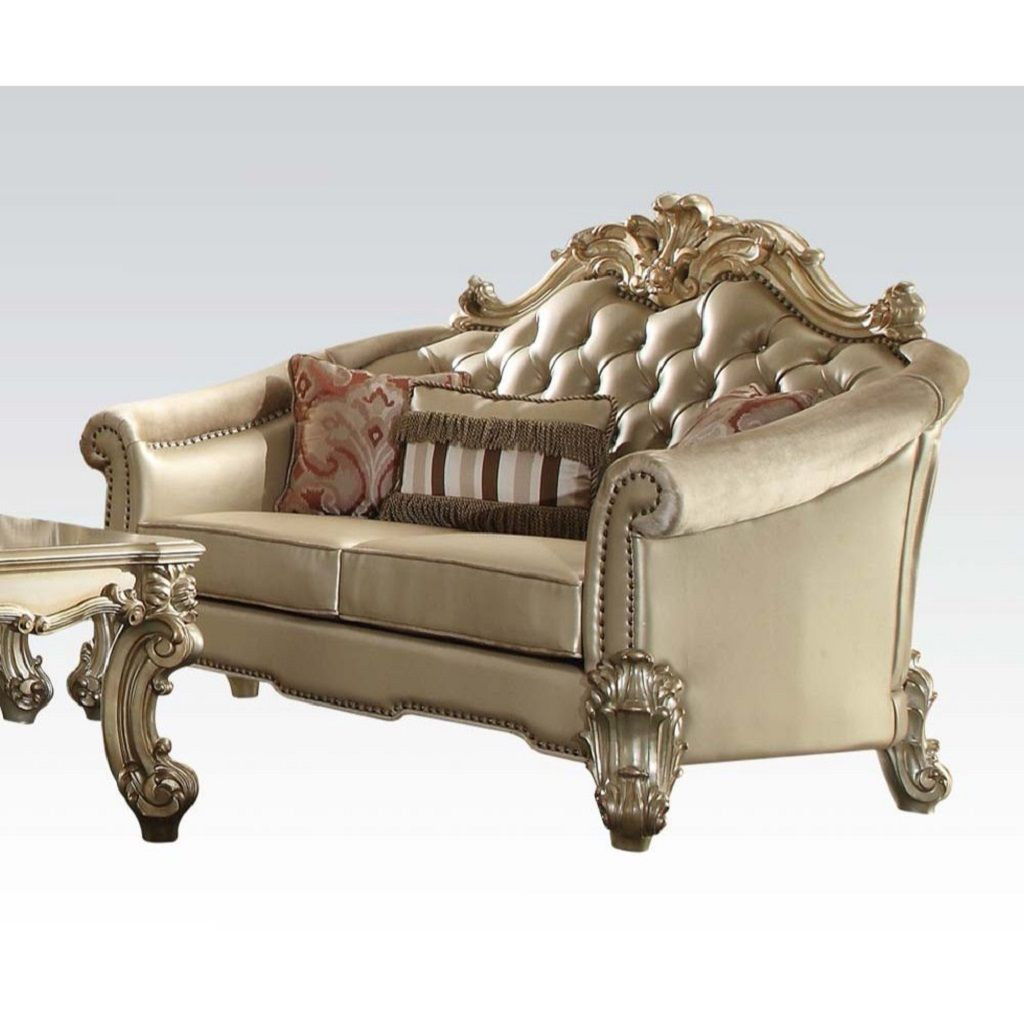 Faux Leather Loveseat And Toss Pillows - Gold / Bone