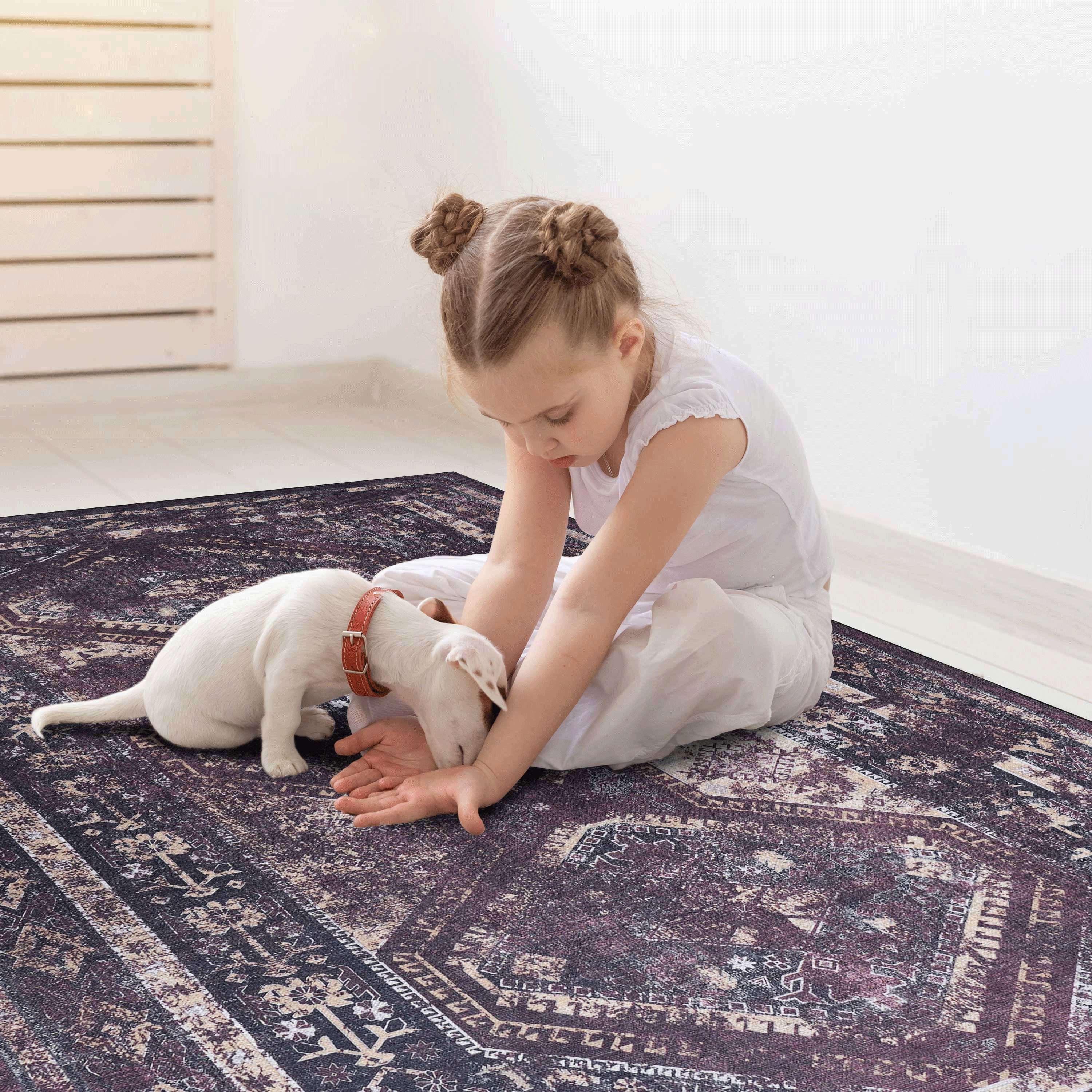 2'6'' X 10' Area Rugs, Washable, Low-Pile, Non-Slip, Non-Shedding, Foldable, Kid & Pet Friendly - Black / Burgundy