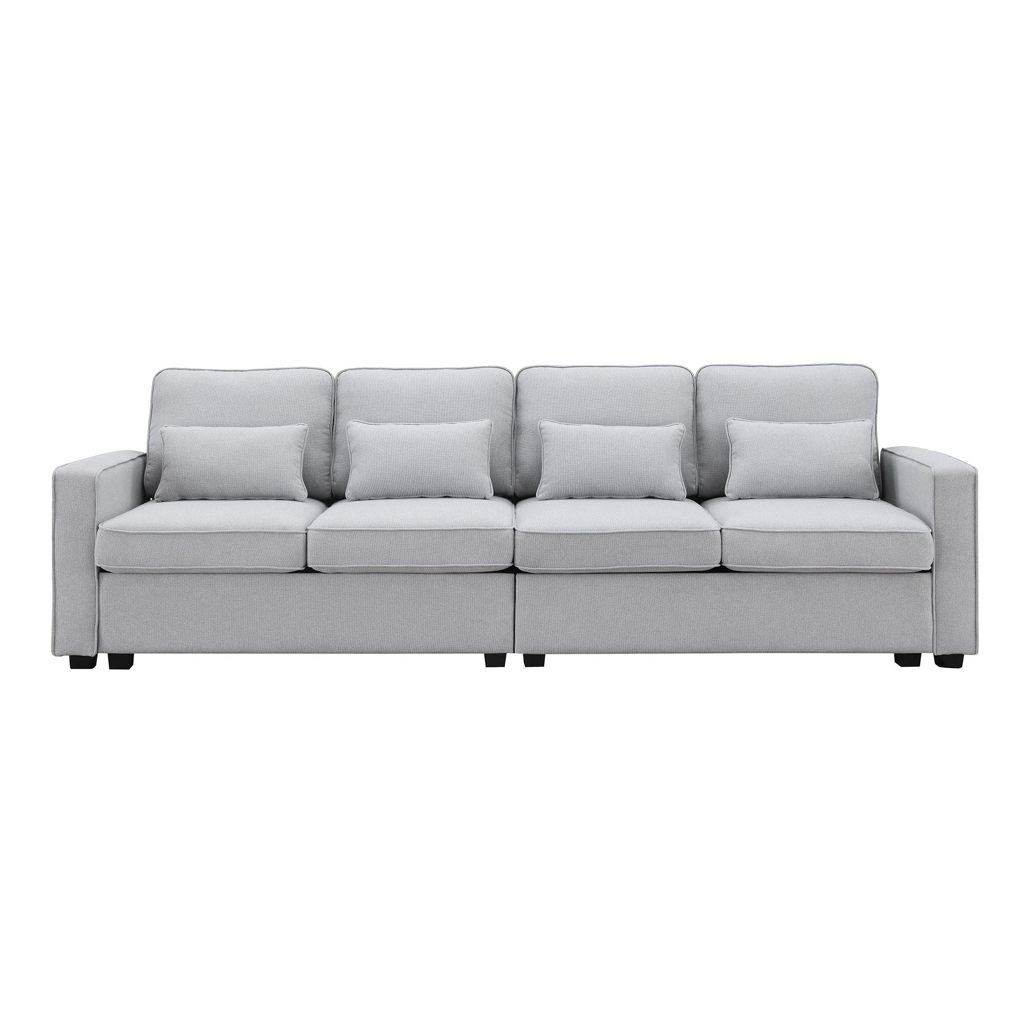 4 Seater Modern Linen Sofa With Armrest Pockets And 4 Pillows, Minimalist Style Couch For Living Room