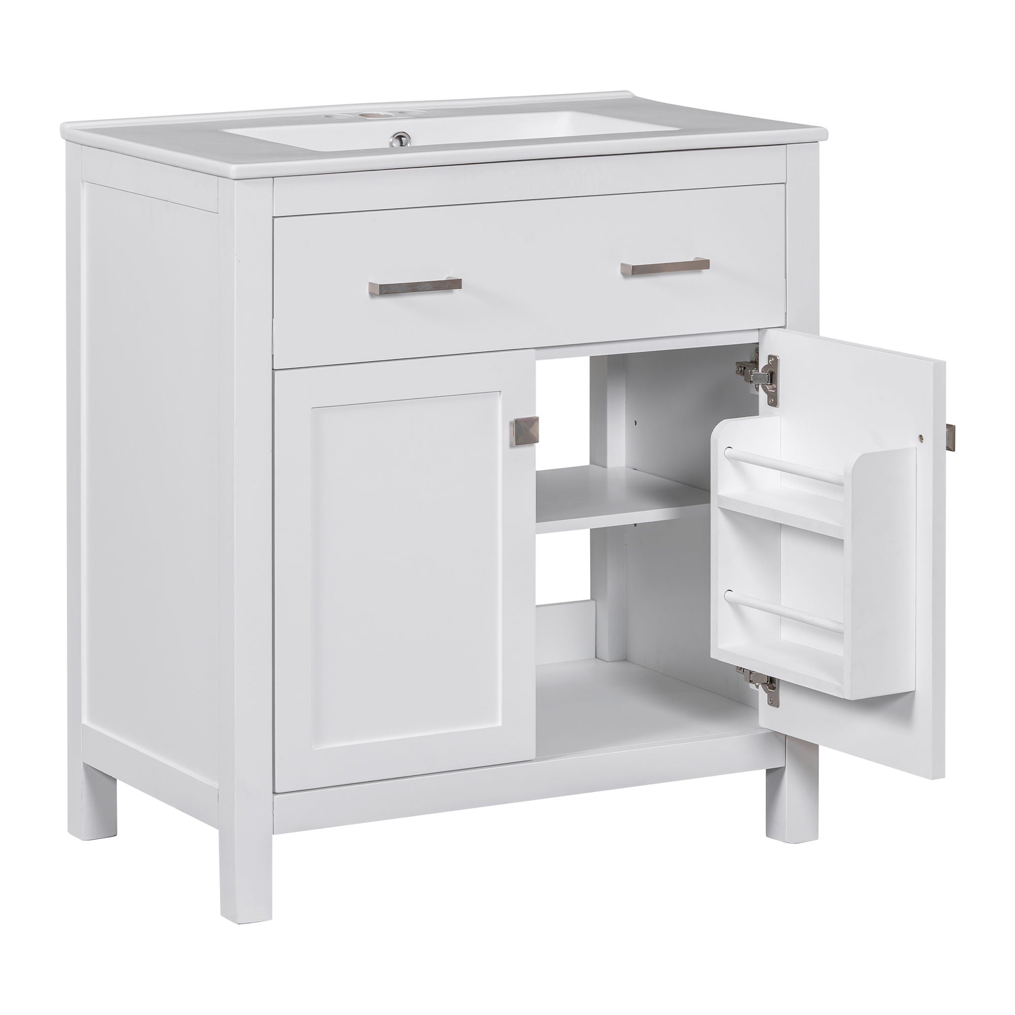 Bathroom Vanity With Ceramic Sink, Modern Single Bathroom Cabinet With 2 Doors And A Shelf, Soft Close Doors