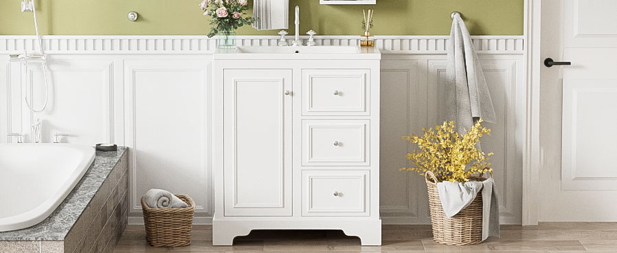 Bathroom Vanity Cabinet With Ceramic Basin, 3 Drawers And Adjustable Shelves