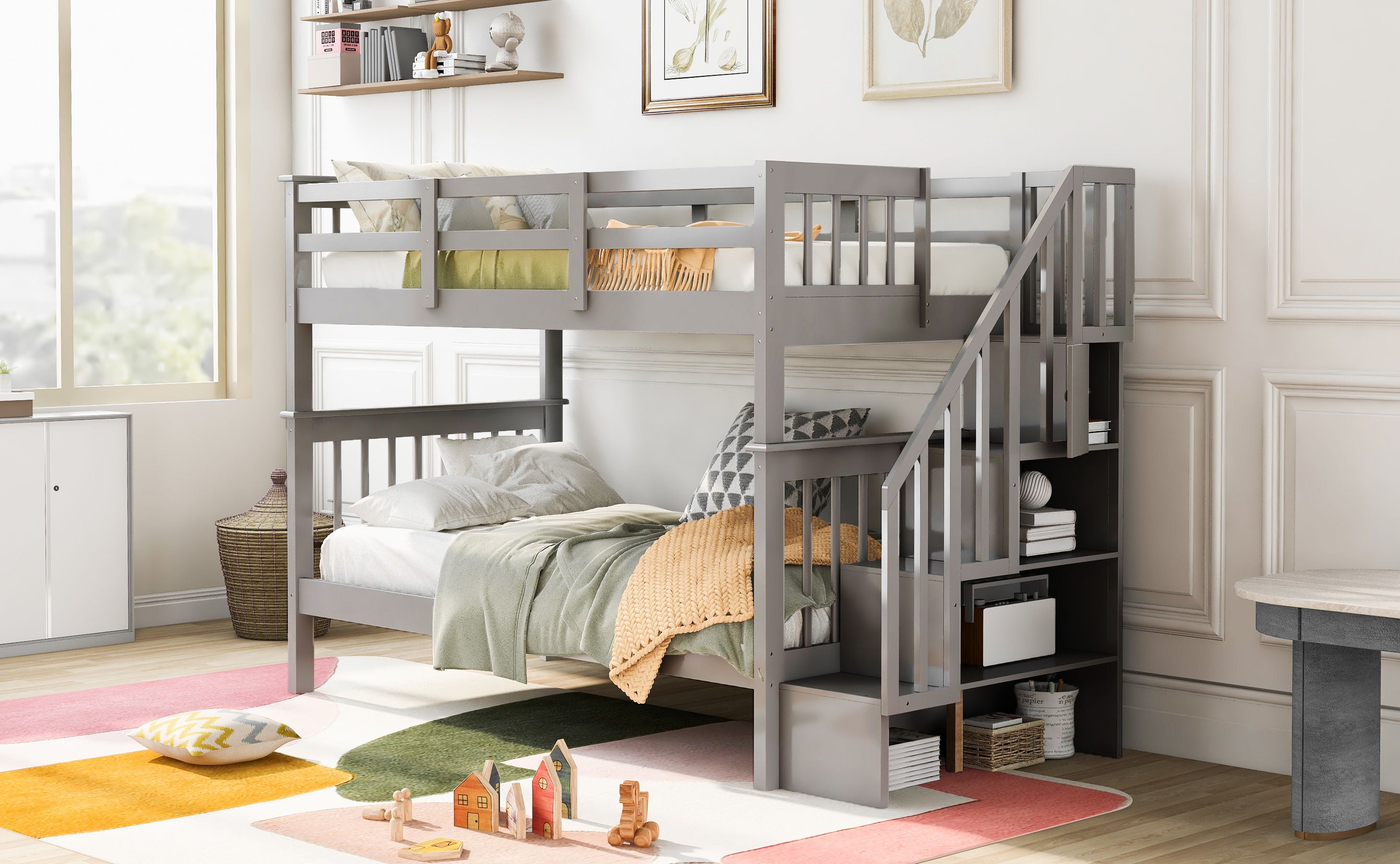 Stairway Bunk Bed With Storage And Guard Rail For Bedroom, Dorm