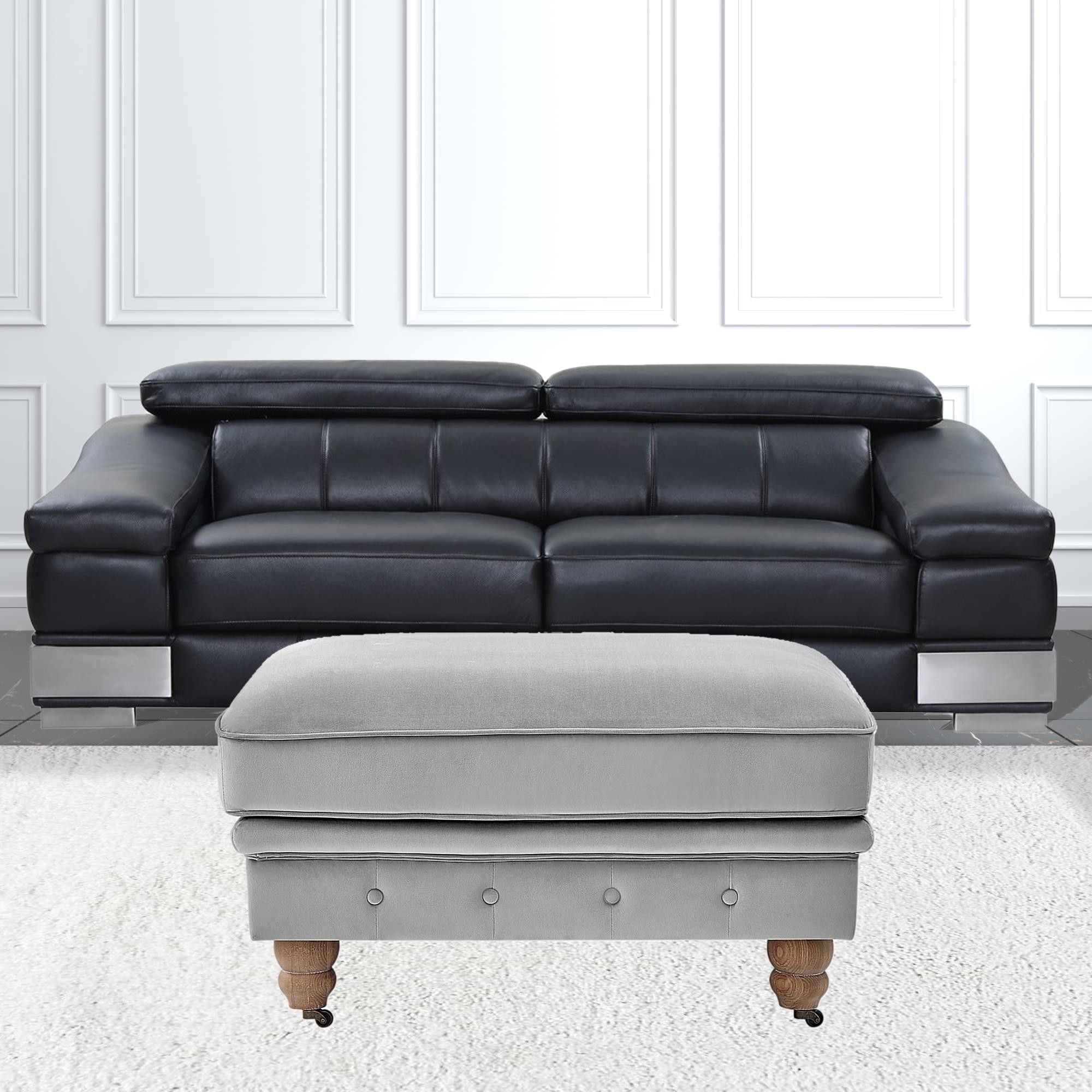 Tufted Velvet And Natural Rolling Cocktail Ottoman - Gray