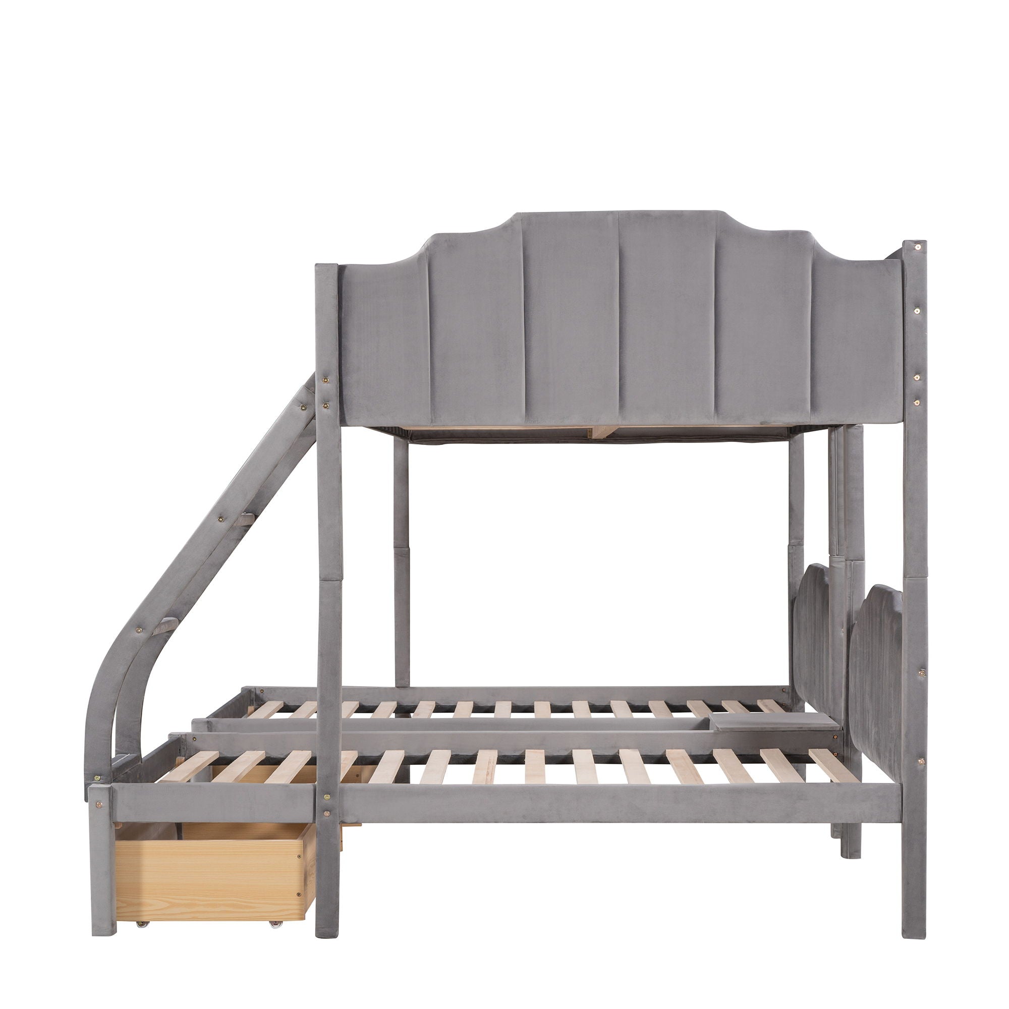 Full Over Twin & Twin Bunk Bed, Velvet Triple Bunk Bed With Drawers And Guardrails - Gray