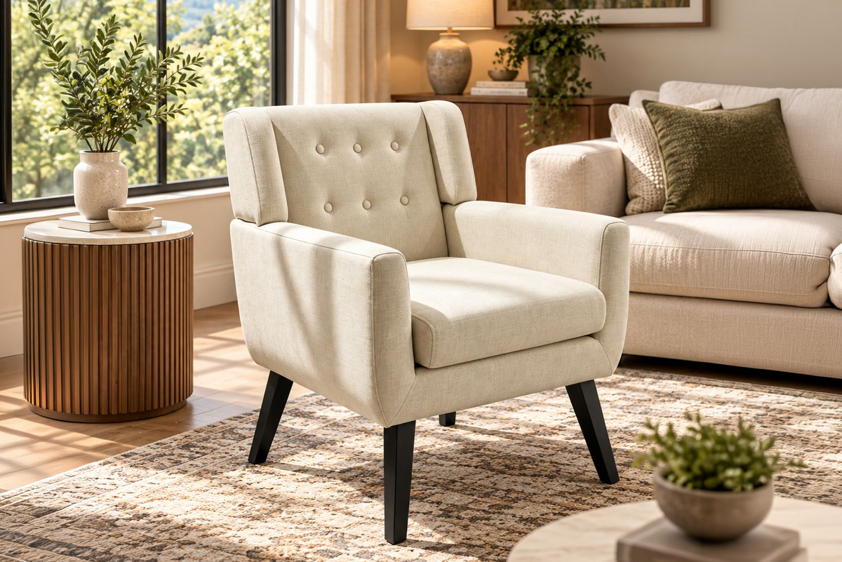 Beige Linen Mid-Century Accent Chair with Button Tufting & Black Wood Legs