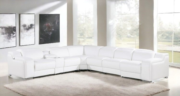 Italian Leather Power Reclining Seats L Shaped Seven Piece Corner Sectional With Console - White