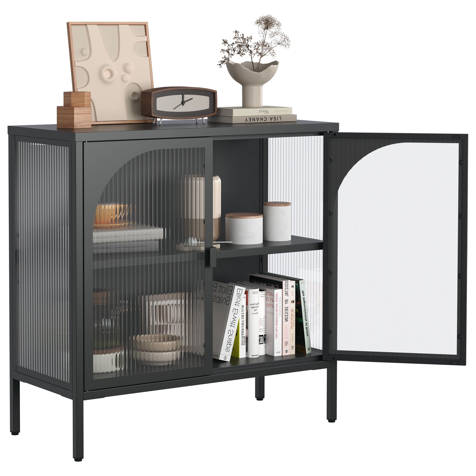 Metal Sideboard Cabinet, Accent Storage Cabinet With 2 Glass Doors, Modern Coffee Bar Cabinet With Adjustable Shelves 154 Lbs Capacity For Kitchen, Living Room And Hallway