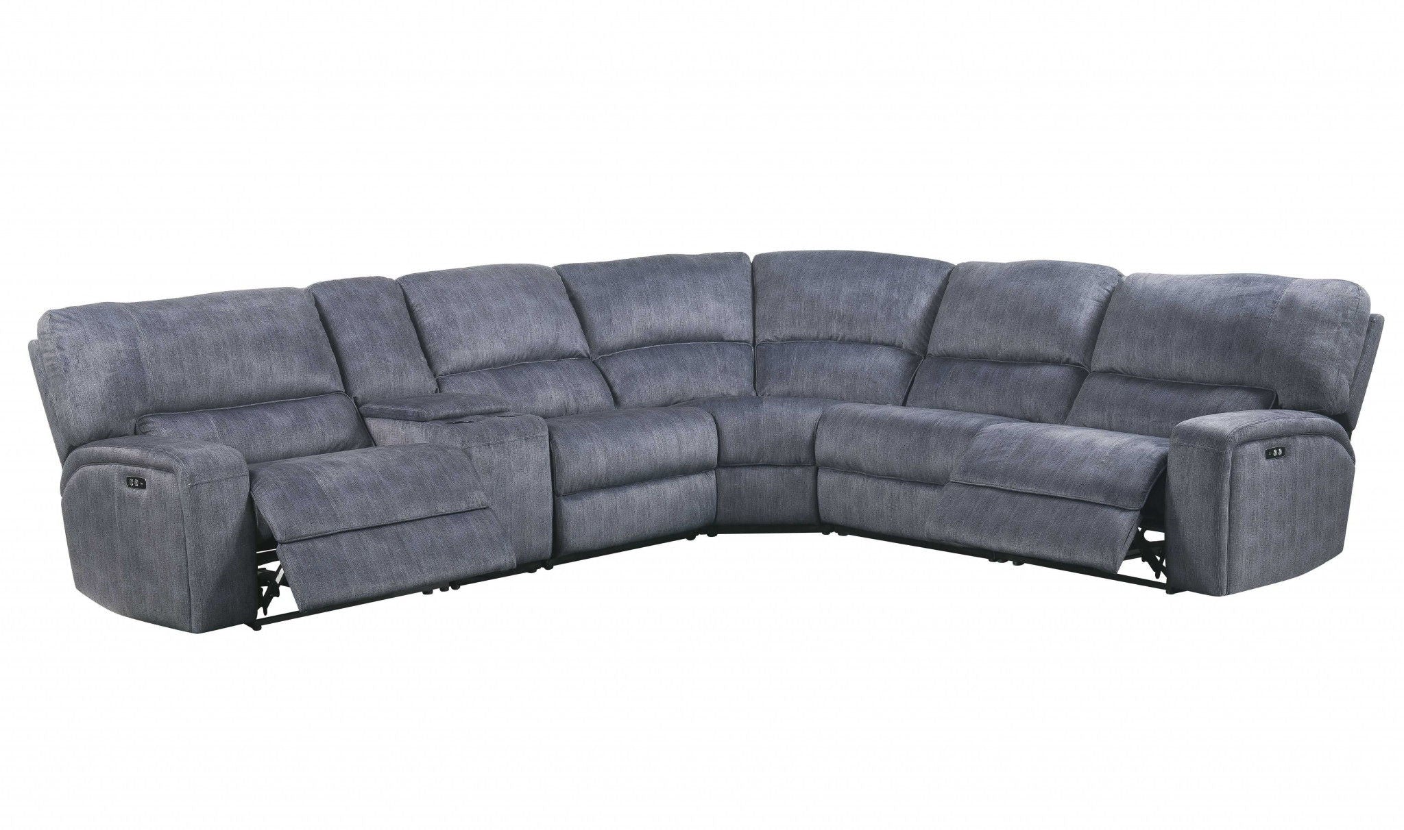 Velvet Power Reclining L Shaped Six Piece Corner Sectional With Console - Slate Blue