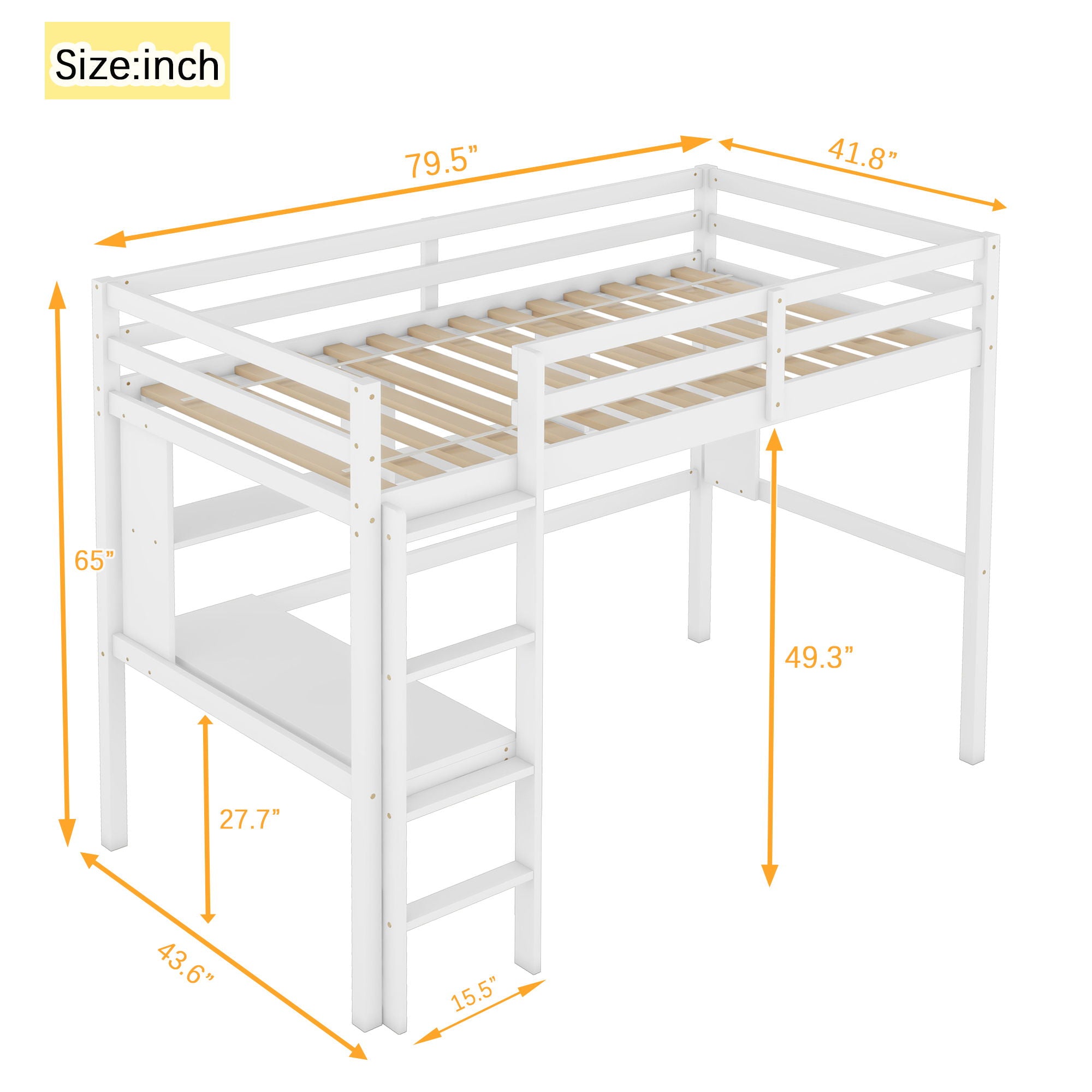 Loft Bed With Desk And Shelves, Safety Guardrail And Ladder