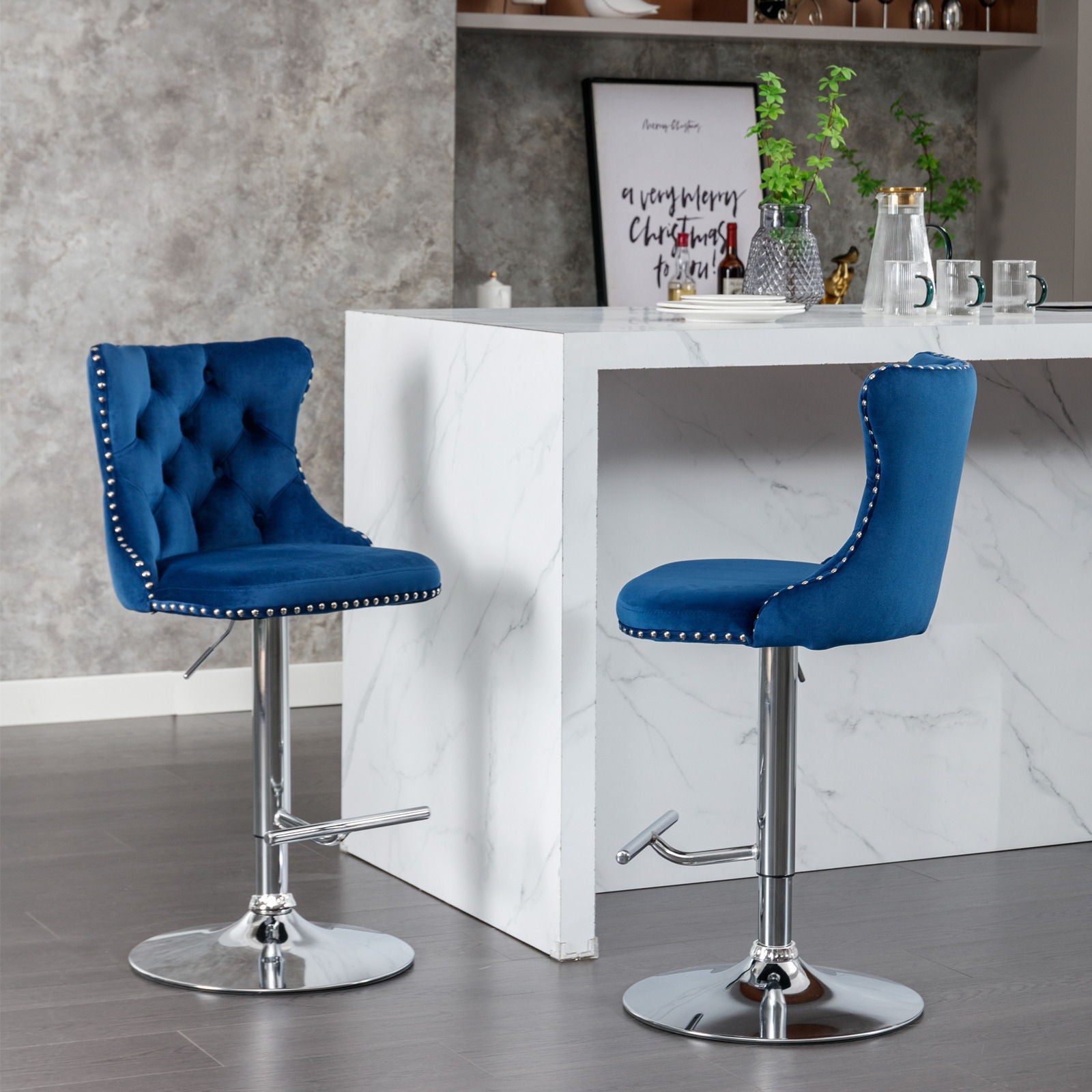 Swivel Velvet Barstools Adjusatble Seat Height From 25-33", Modern Upholstered Chrome Base Bar Stools With Backs Comfortable Tufted For Home Pub And Kitchen Island (Set of 2)