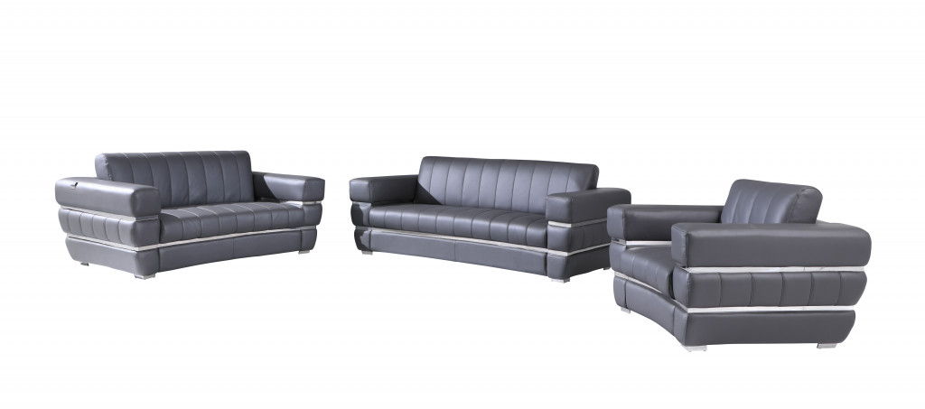 Three Piece Six Person Seating Set Italian Leather Indoor - Dark Gray