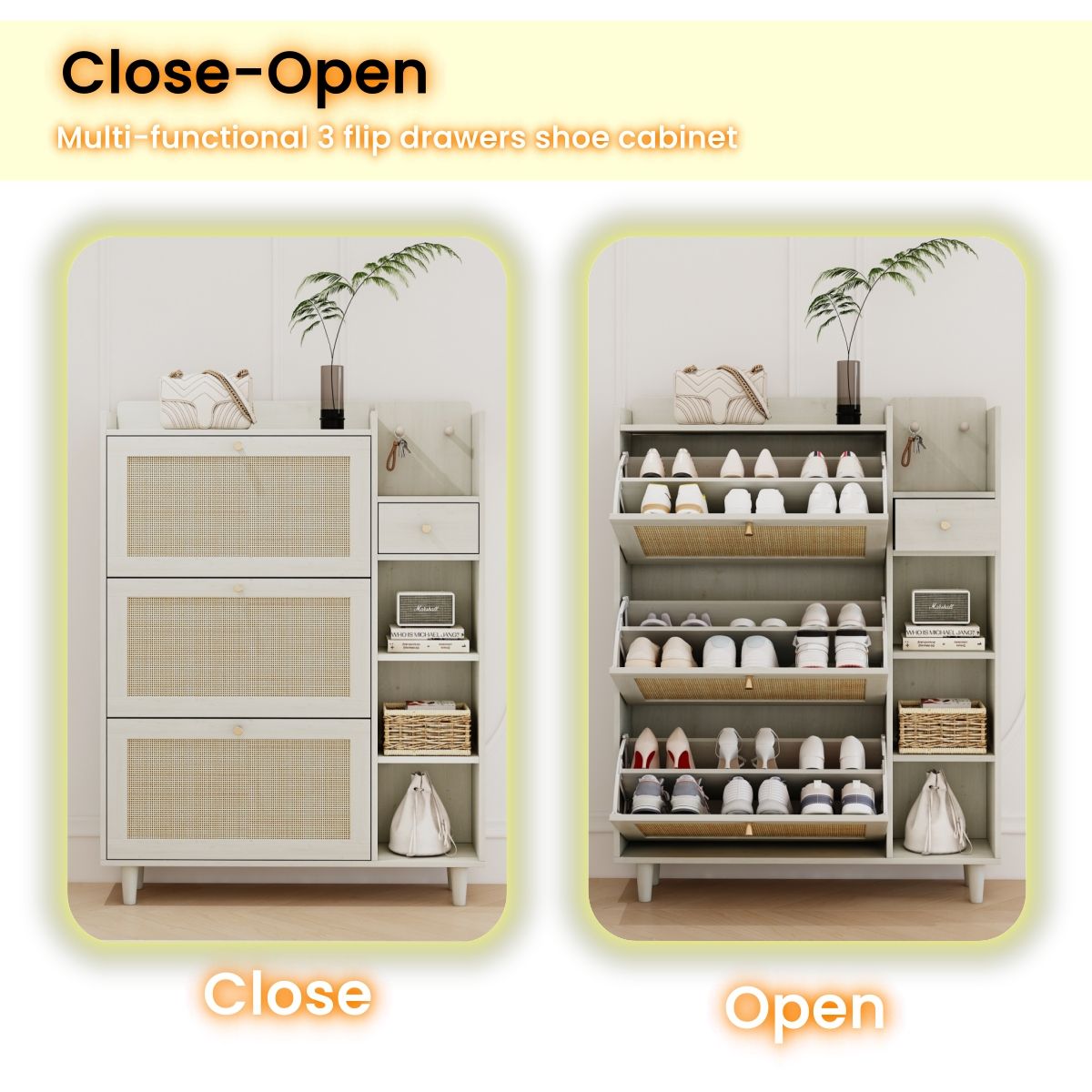 Natural Bohemia Style Shoe Cabinet, Shoe Rack Cabinet With 3 Rattan Flip Drawers, 3 Square Shelves And 1 Storage Drawer, Shoe Organizer With Mulit Storage Space And Hooks For Hallway, Entryway