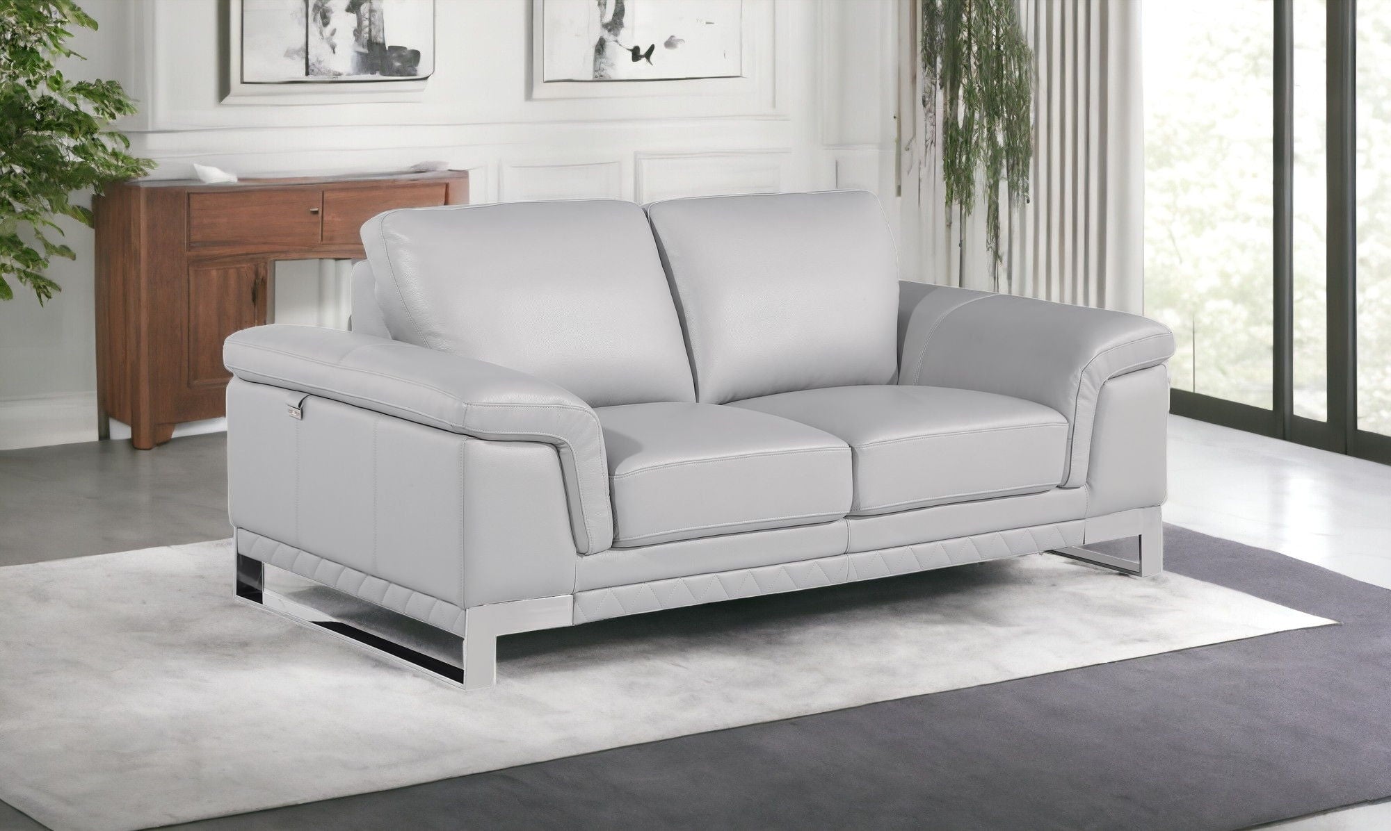 Genuine Leather Love Seat - Silver / Light Gray