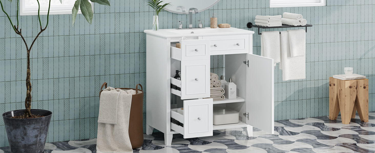 Bathroom Vanity Cabinet With Ceramic Basin, Double-Layer Drawer, Deep Drawer And Adjustable Shelf