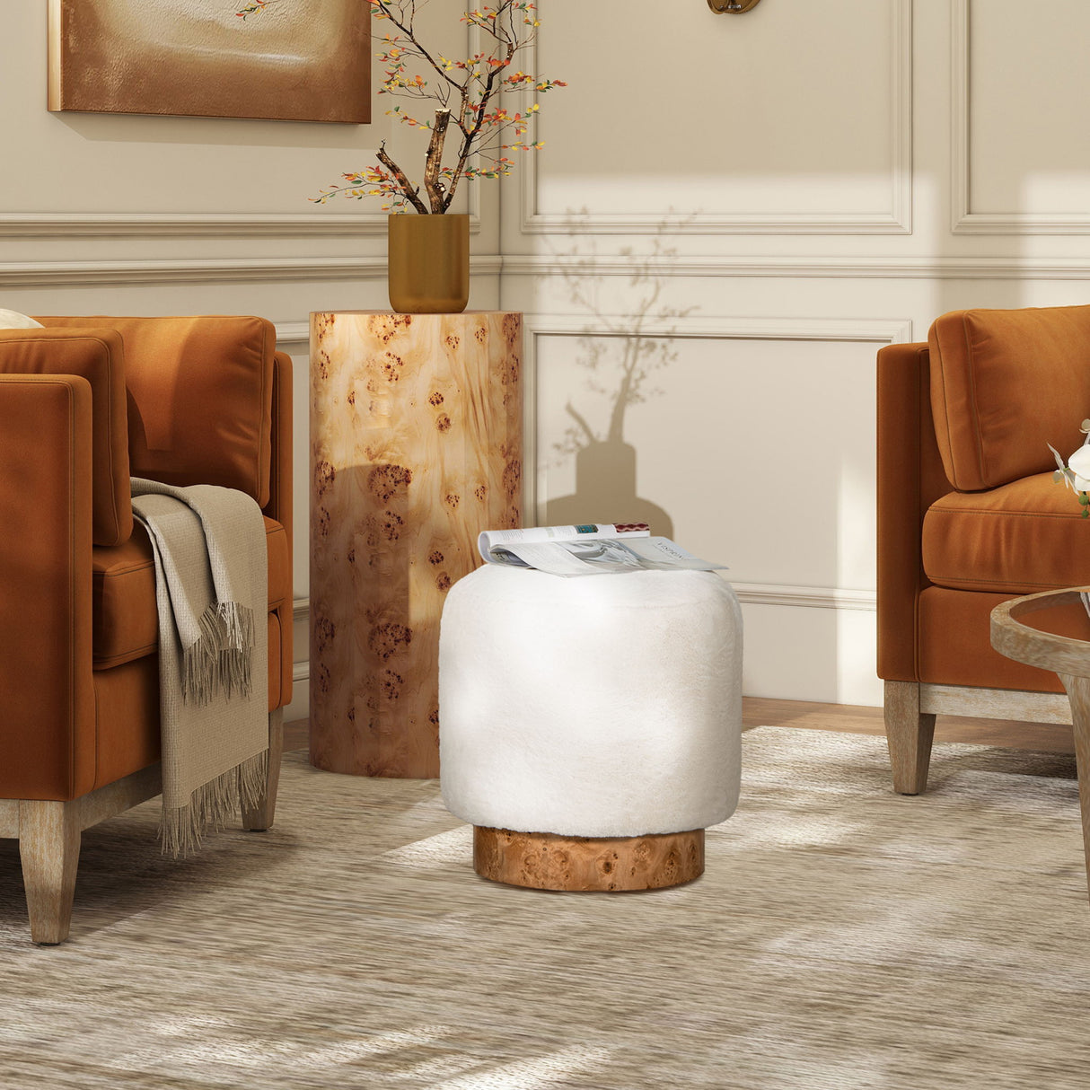 Tilly - Round Fur Upholstered / Burl Pouf Ottoman - White by Jennifer Taylor Home | Bel Furniture
