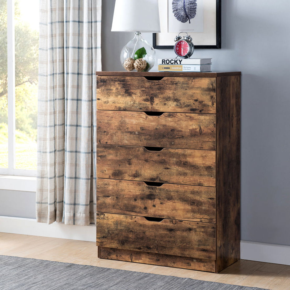 Functional 5 Drawer Chest - Distressed Brown