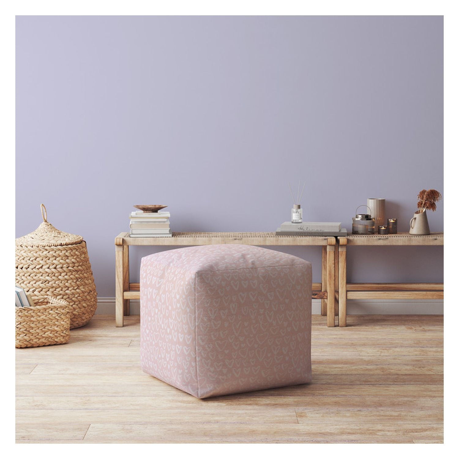 Cotton Floral Pouf Ottoman - Pink