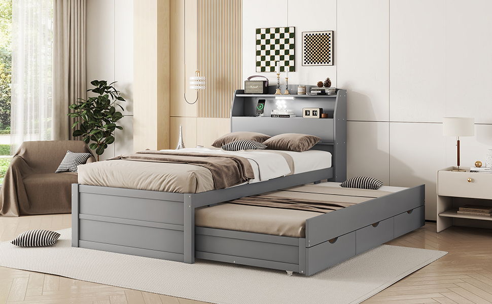 Wooden LED Platform Bed With Trundle, With Storage Headboard, With Drawers