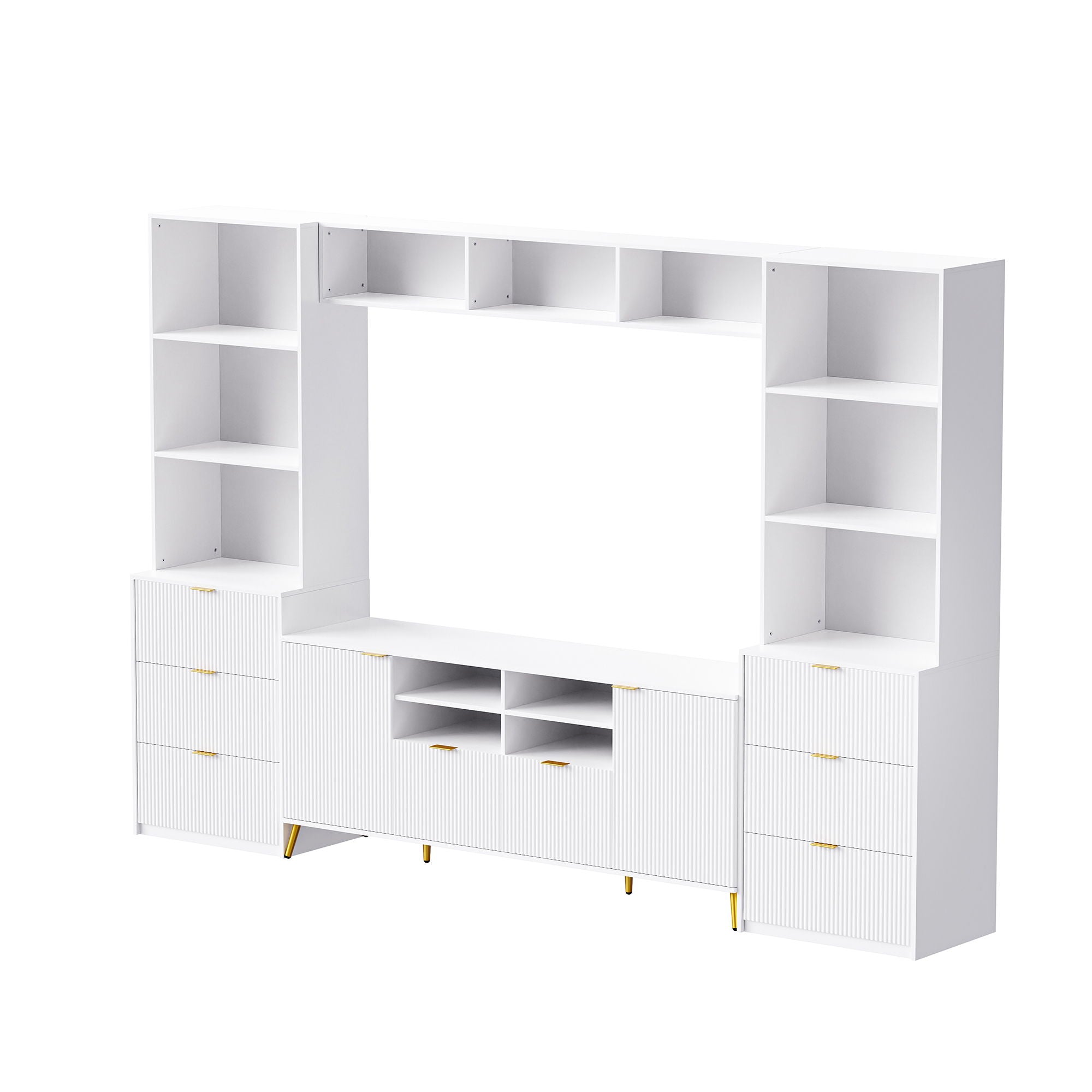 4 Piece Entertainment Wall Unit With 13 Shelves, 8 Drawers And 2 Cabinets, Multifunctional TV Stand Media Storage Cabinet With Fluted Line Surface For Living Room, For TVs Up To 70"