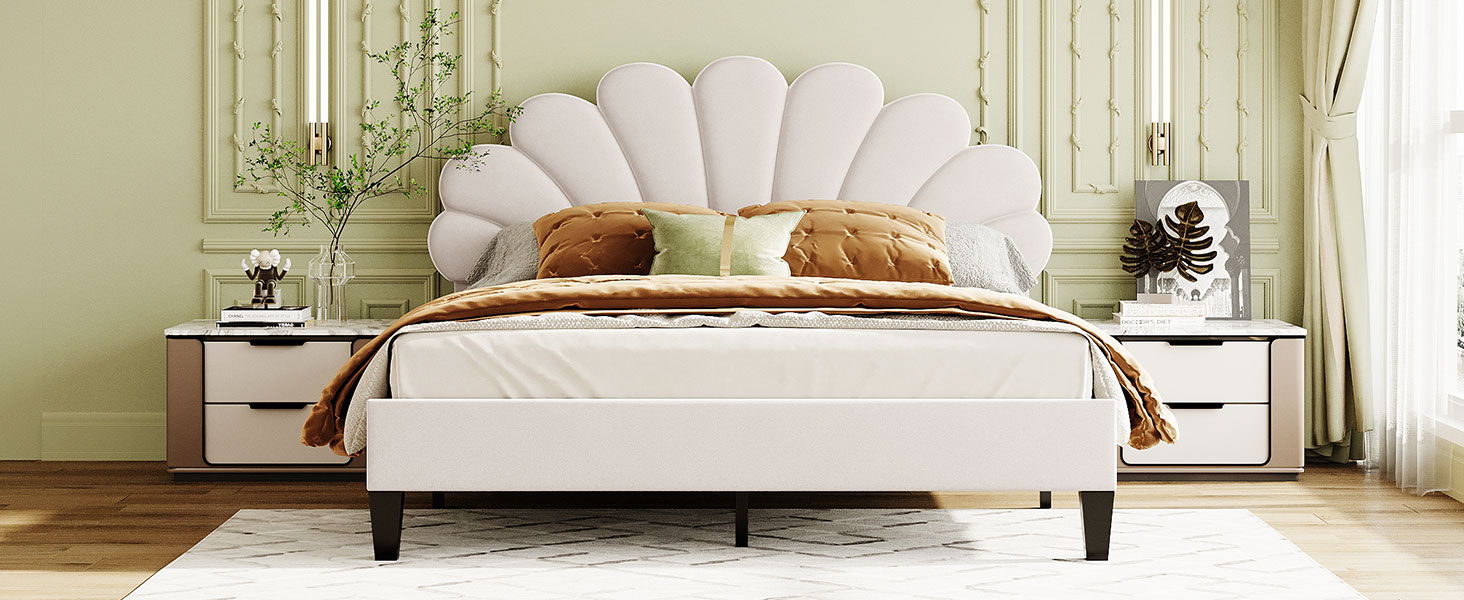 Upholstered Platform Bed With Flower Pattern Velvet Headboard