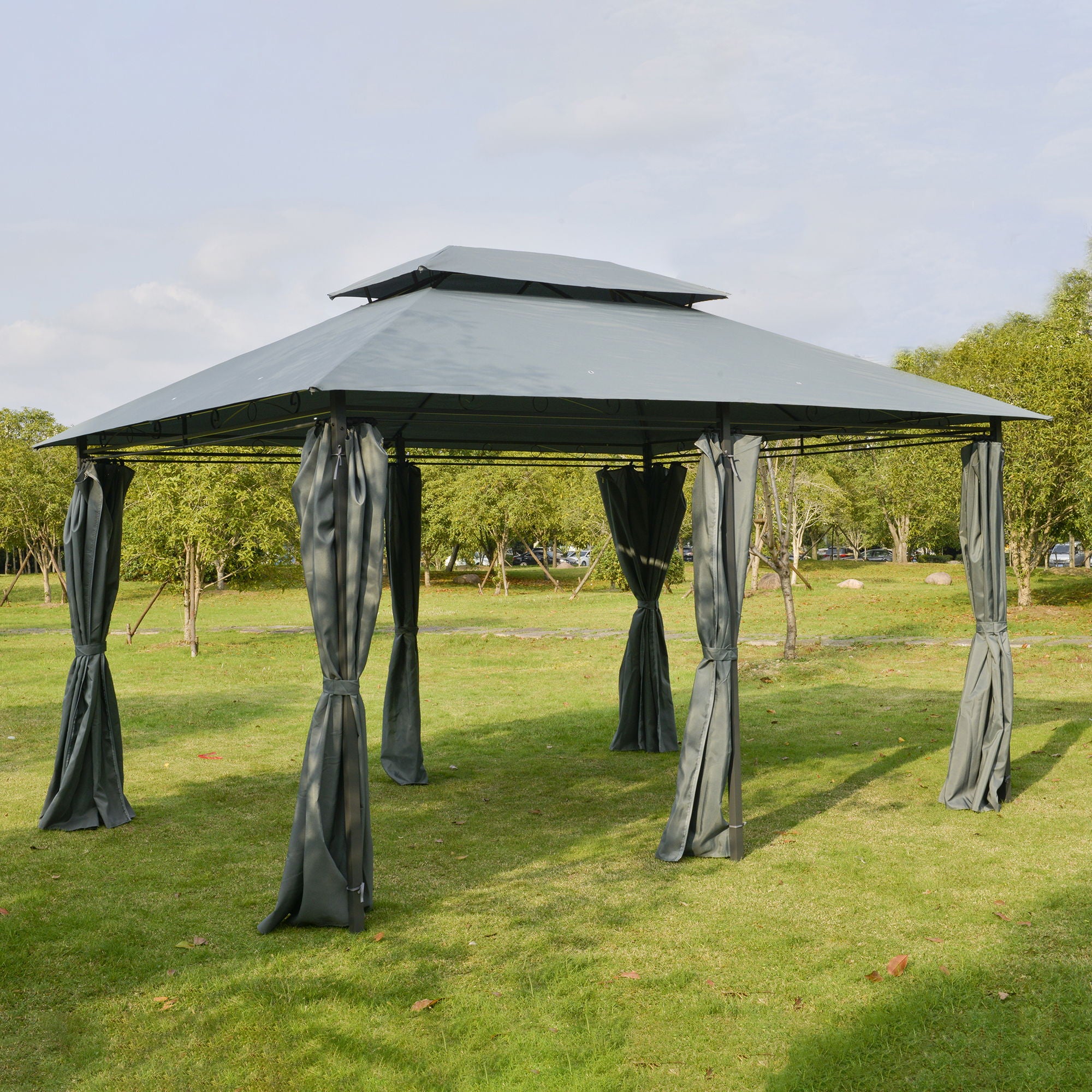 Outsunny - Patio Gazebo, Outdoor Gazebo Canopy Shelter With Curtains, Vented Roof, Steel Frame For Garden, Lawn, Backyard And Deck, - Sage Gray