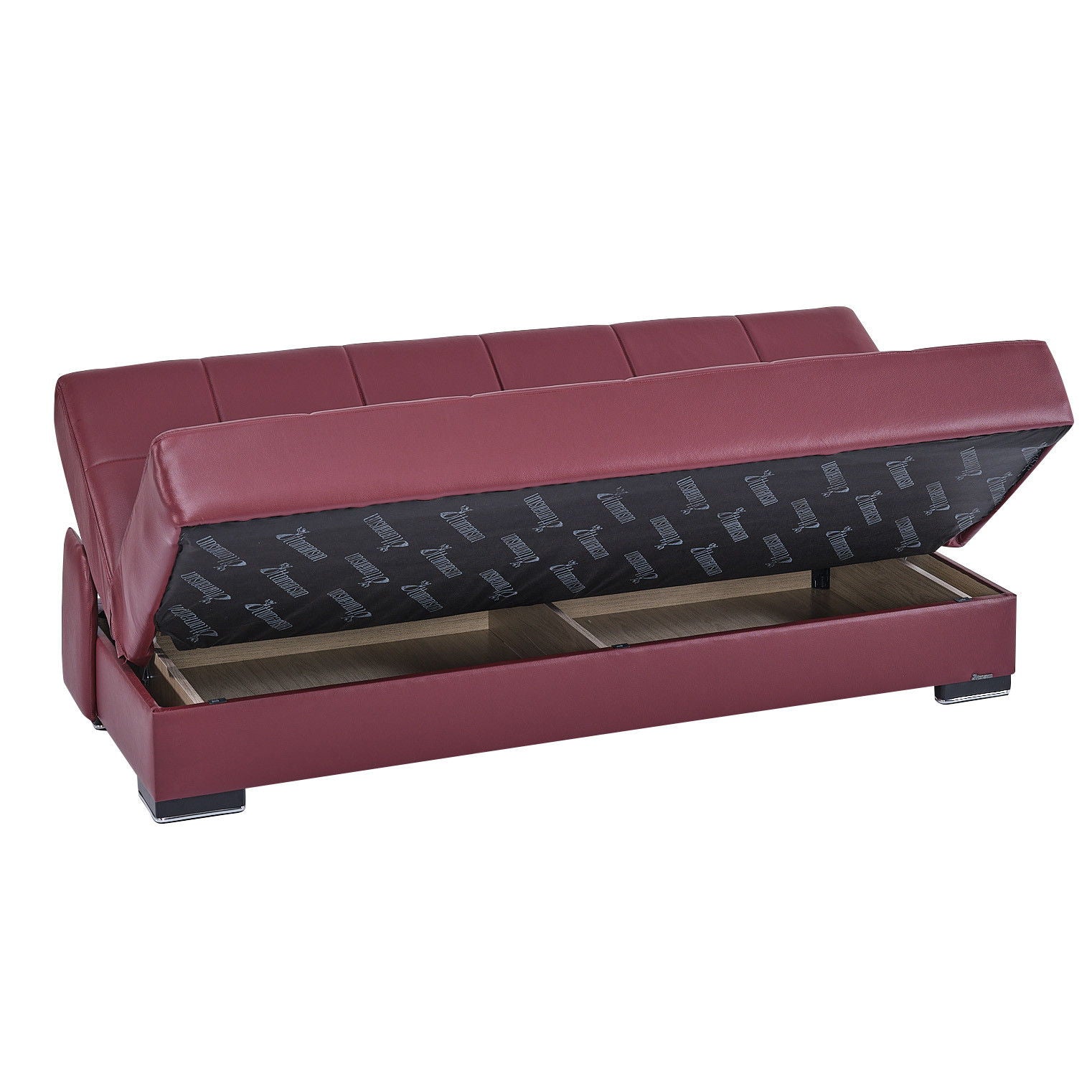 Faux Leather Convertible Futon Sleeper Sofa And Toss Pillows With Brown Legs - Burgundy