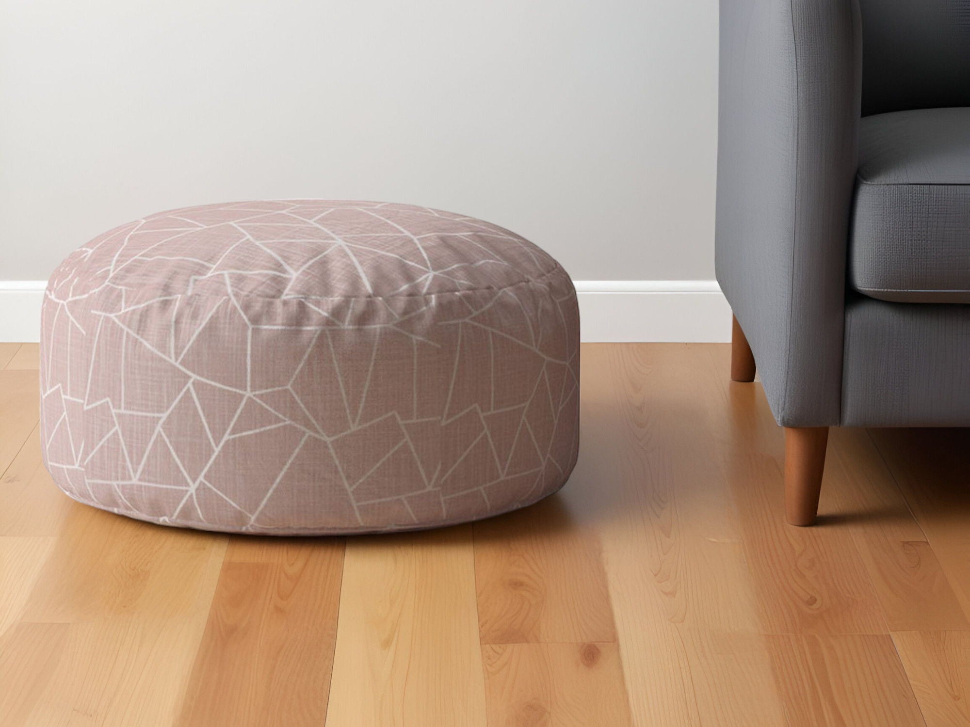 Canvas Round Geometric Pouf Ottoman - Pink