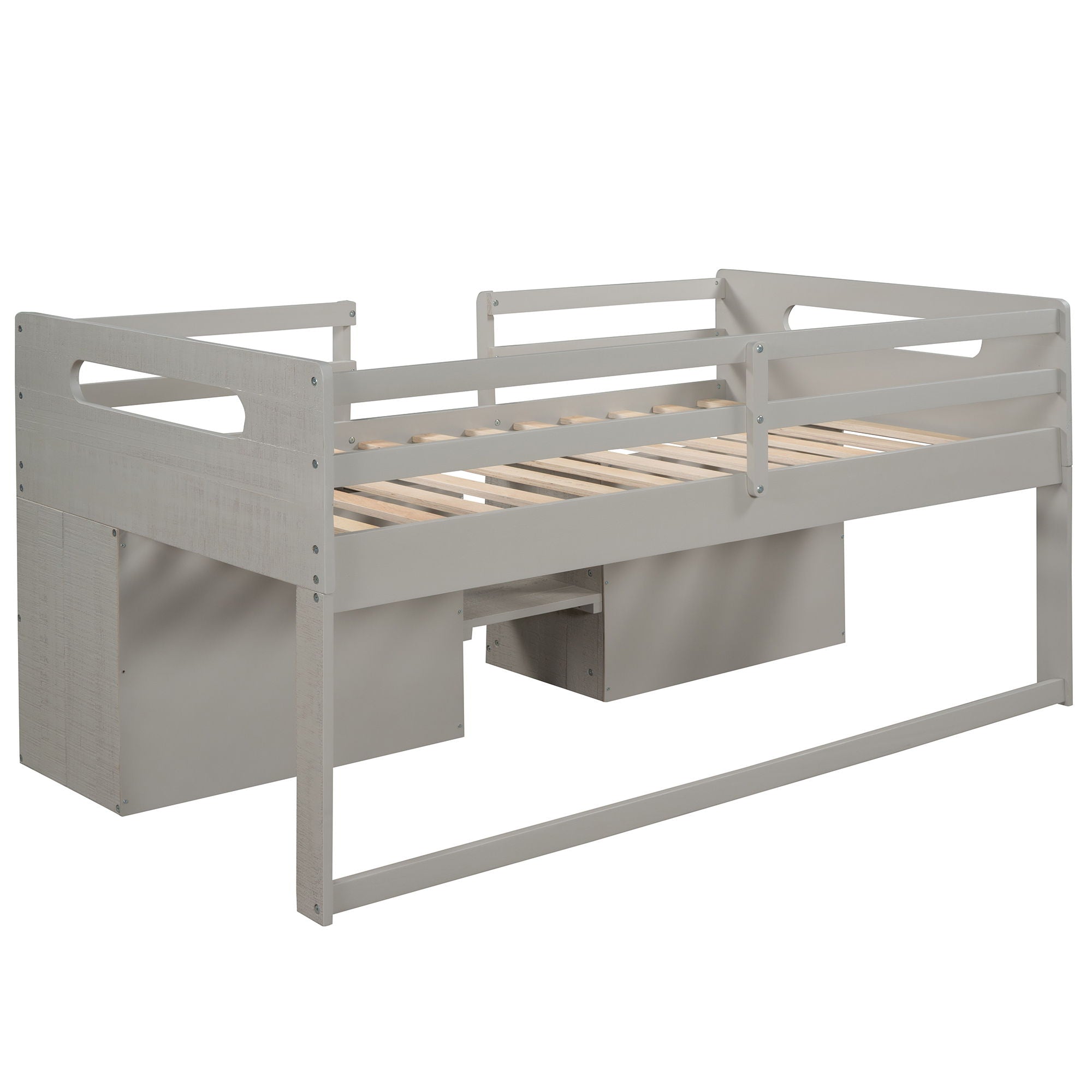 Twin Size Loft Bed With Two Shelves And Two Drawers