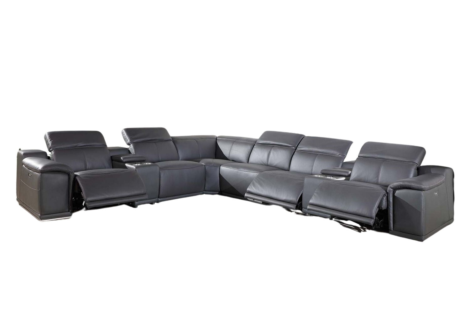 Italian Leather Power Reclining U Shaped Eight Piece Corner Sectional With Console - Gray