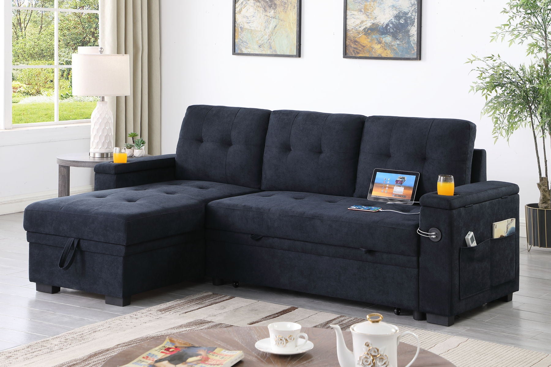 Ashlyn II - 84"W Woven Fabric Reversible Sleeper Sectional Sofa with Storage Chaise